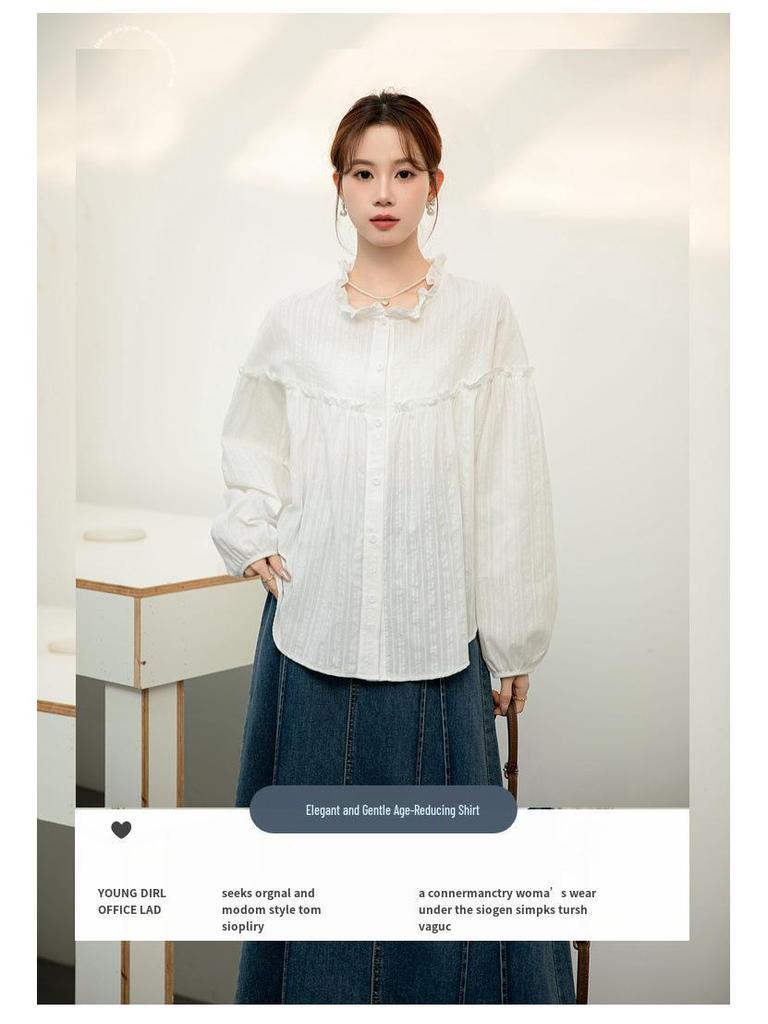 Women's White Long Sleeve French Sweet Ruffled Collar Shirt - 2026 Spring/Autumn Solid Color Fashion