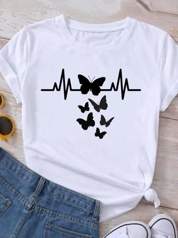 Graphic T Shirt Sunflower Butterfly Cute Summer Casual Clothing Short Sleeve Women Print Fashion Clothes Tee T-shirt FeUnisex Top
