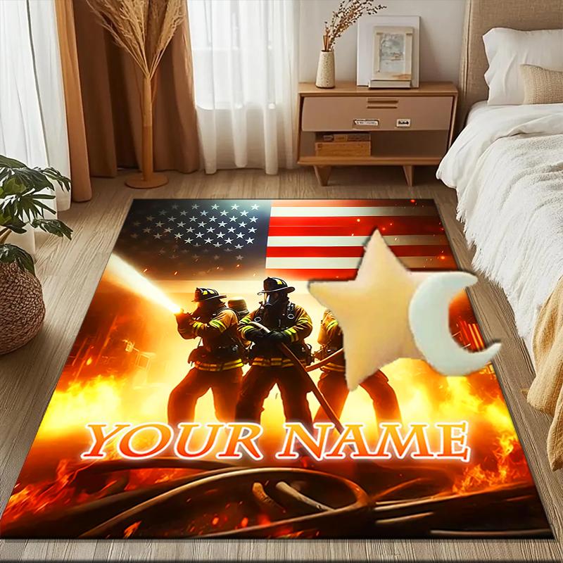 1PC Custom Name Firefighters Courage Flames Theme Floor Mat Ideal for Living Room, Game Rooms, Office, Bedroom,Floor Mat Playful Design
