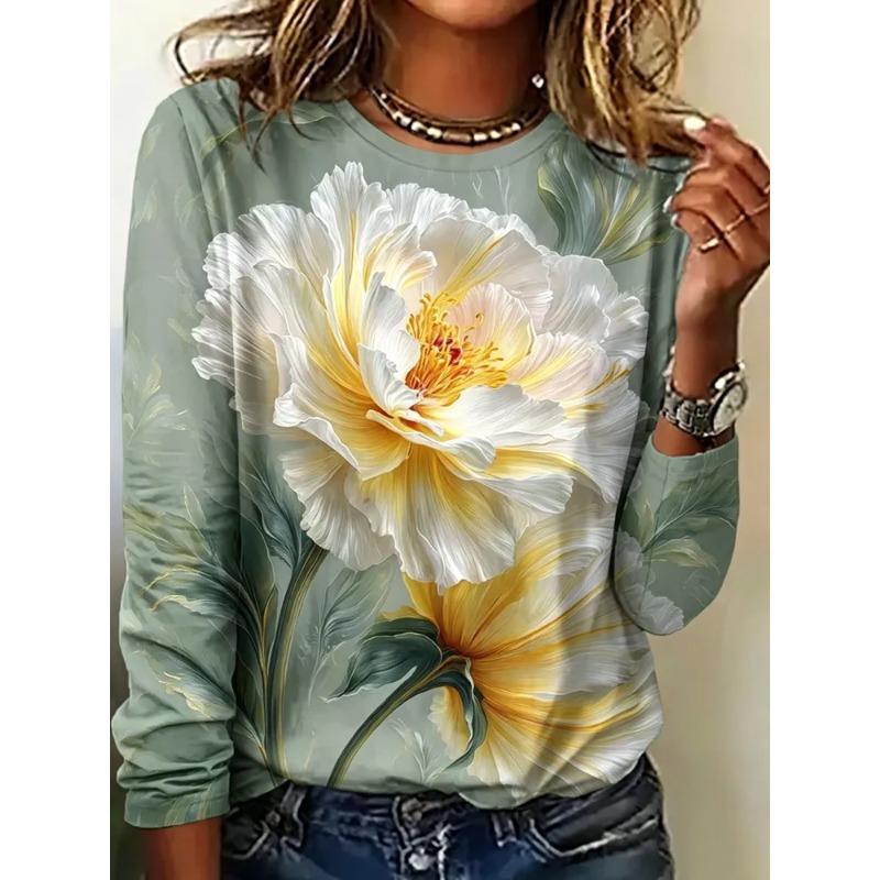 Autumn and Winter Women's Flower 3D Printed Crew Neck Long Sleeve T-Shirt