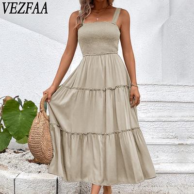 Moda de mujer Verano Primavera Color sólido Estampado Sin mangas Tirantes Cintura alta Vestidos casuales
