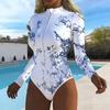 Women Long Sleeve One Piece Swimsuit Zip Front  Tie-dye Print Rash Guard Surfing Bathing Suit