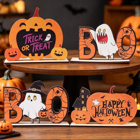 Halloween Home Festive Decor Wooden Table Sign, Cute Pumpkin Boo Ghost Solid Wood Sign Tabletop Centerpiece for Indoor Mantel Fireplace Smooth Holiday