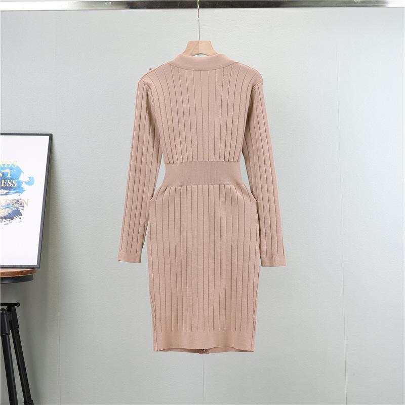 V Neck Long Sleeve Spring Fall Dress for Women Knee Length Knit Casual Regular Fit Sweater Dress Button Casual Cable Knit Sweater Dresses for Women