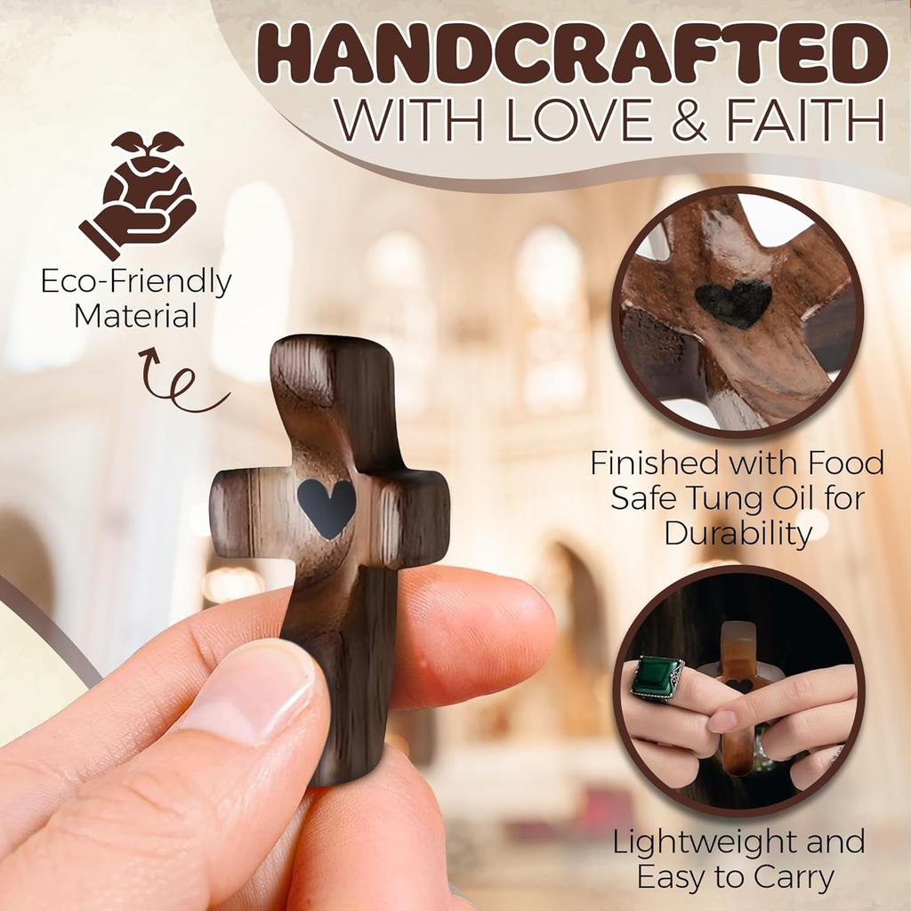10Pcs Wooden Cross My Heart Encouragement Gift Stress Relief Cross,Prayer Cross for Hand,Pocket Cross Christian Gifts and Fidget Toys