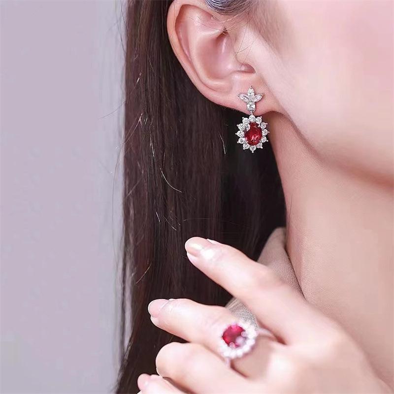 Sparkling Pigeon Blood Ruby Jewelry Set: Open Ring, Elegant Stud Earrings & Versatile Necklace for Women
