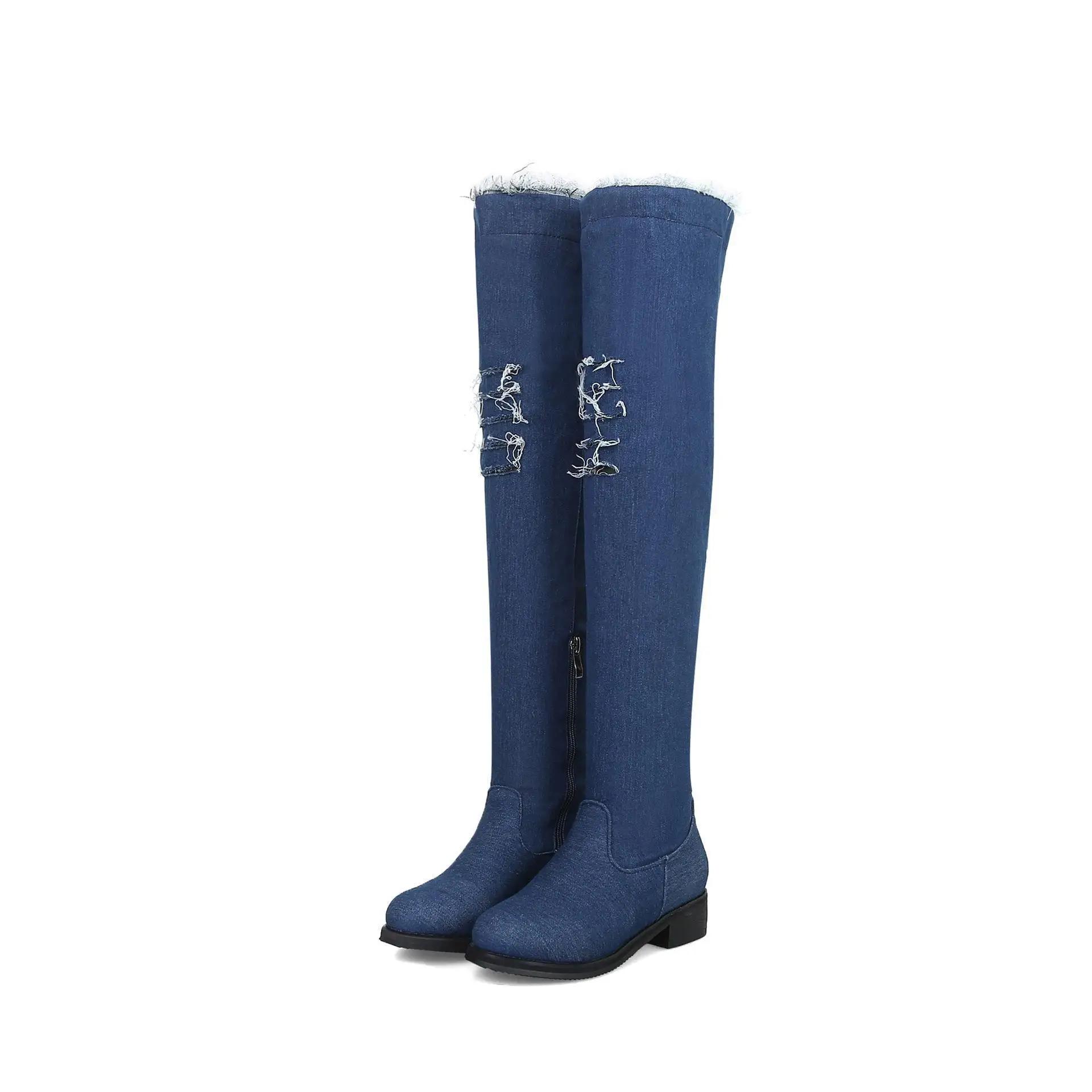 

2024 Fashion Women s Boots Knee High FashionConcise Fashion Boots Square Heel New Fashionable Denim Fabric Low Heel Women Shoes 48 темно-синього кольору