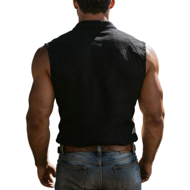 Ärmelloses Henley-Hemd für Herren aus Leinenmischung mit Brusttasche, Mehrfarbig, Lässiges Sommer-Tanktop