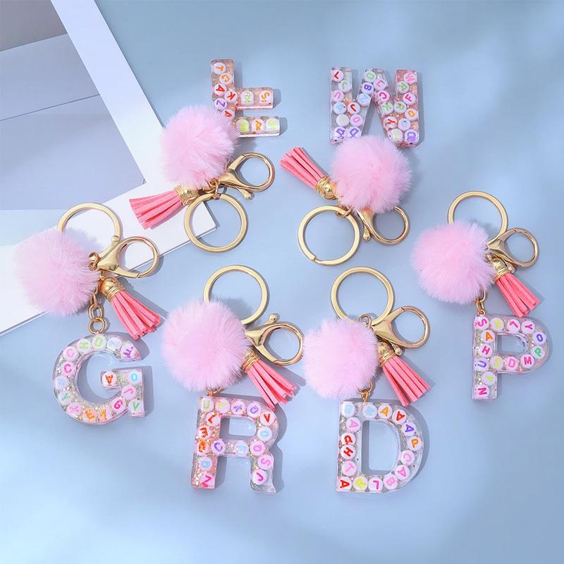 1PC Keyring Key Accessory Letter Filled Colourful Initial Pendant With Fluffy Keychain Glitter Tassel Charms For  Bags Backpacks