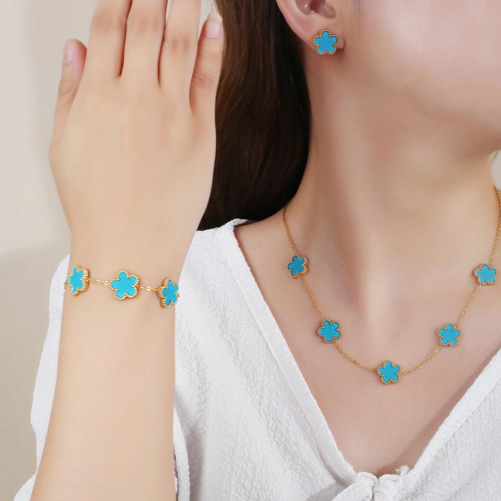 3Pcs Stainless Steel 18k Gold-Plated Five-Leaf Flower Necklace Earrings Bracelet Jewelry Set For Woman Jewelry Clover