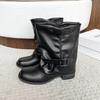 Fashion Trendy 2025 New Women's Side Pull Boots Vintage Mid Calf Leather Buckle Round Toe Wrinkled Comfortable Best Seller Ankle Boots
