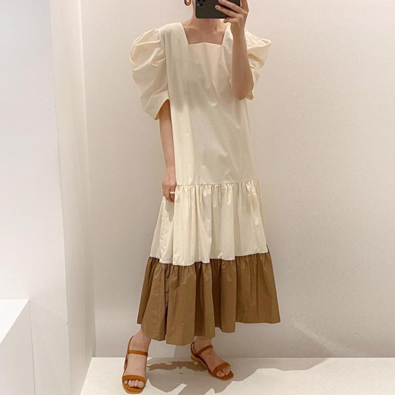 Chic French retro square collar contrasting color splicing hem design loose bubble sleeve dress long dress female tide