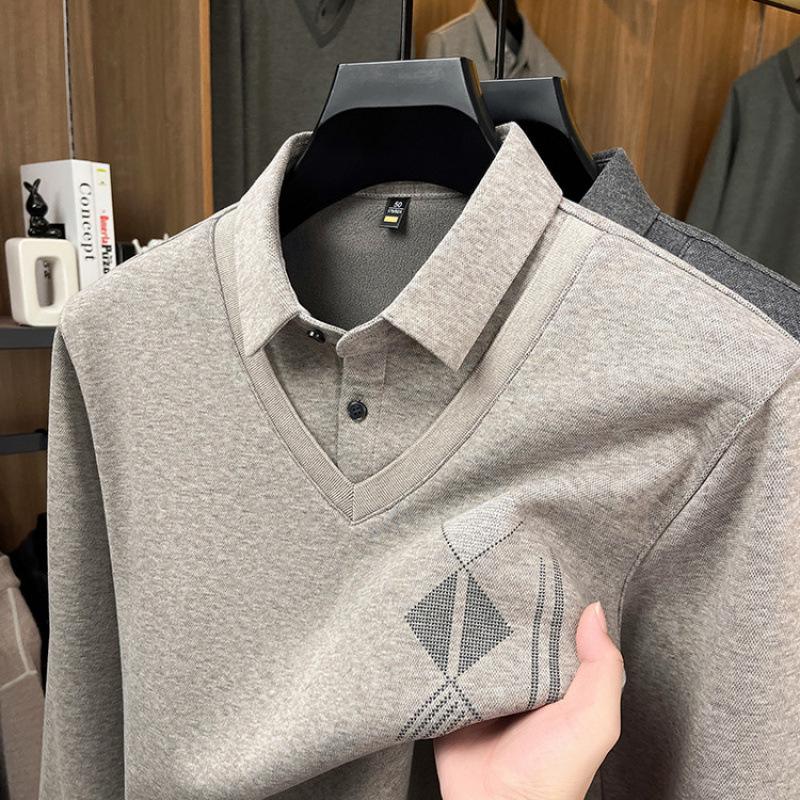 Men s Winter Velvet-Lined Thick Lapel Sweater & Shirt Two-Piece Set 58