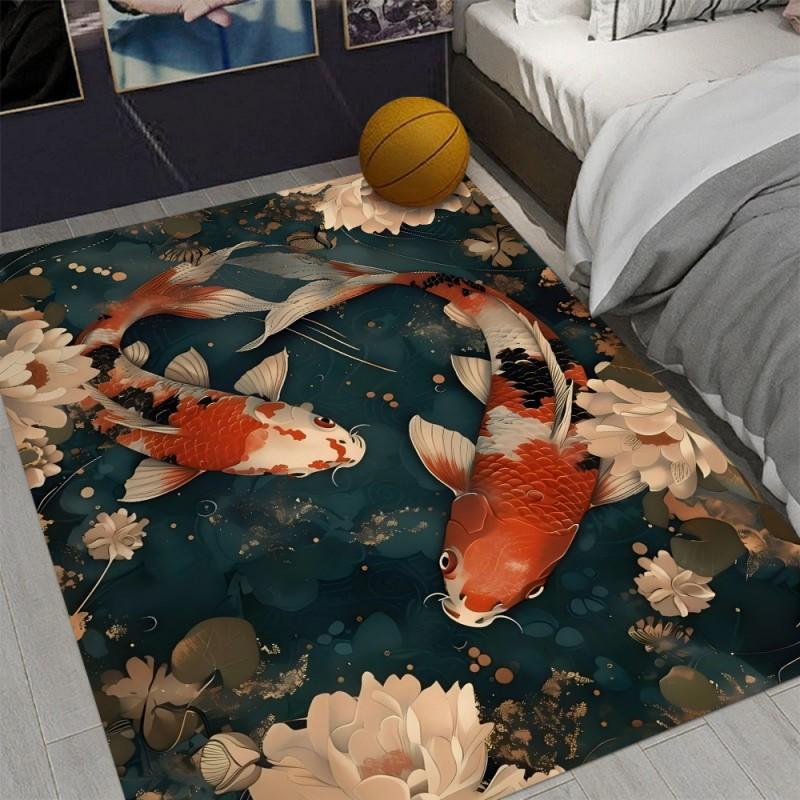 Koi Fish Print Area Rug Non-Slip Floor Mat for Home Living Room Bedroom Rug Machine Washable Carpet Decor
