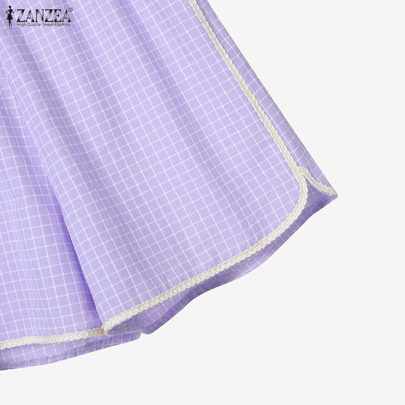 ZANZEA Women Short Sleeve Blouse and Shorts Summer Plaid Print Two Piece Suit Sets