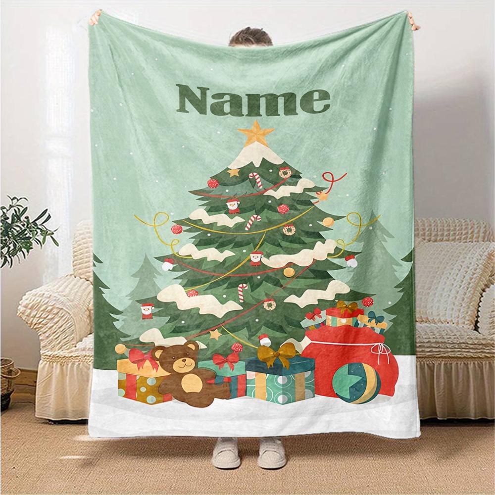 Custom Name Christmas Tree Theme Printed Blanket - Perfect for Couch, Bed, Travel & Outdoor Use | Machine Washable, Cozy & Durable.