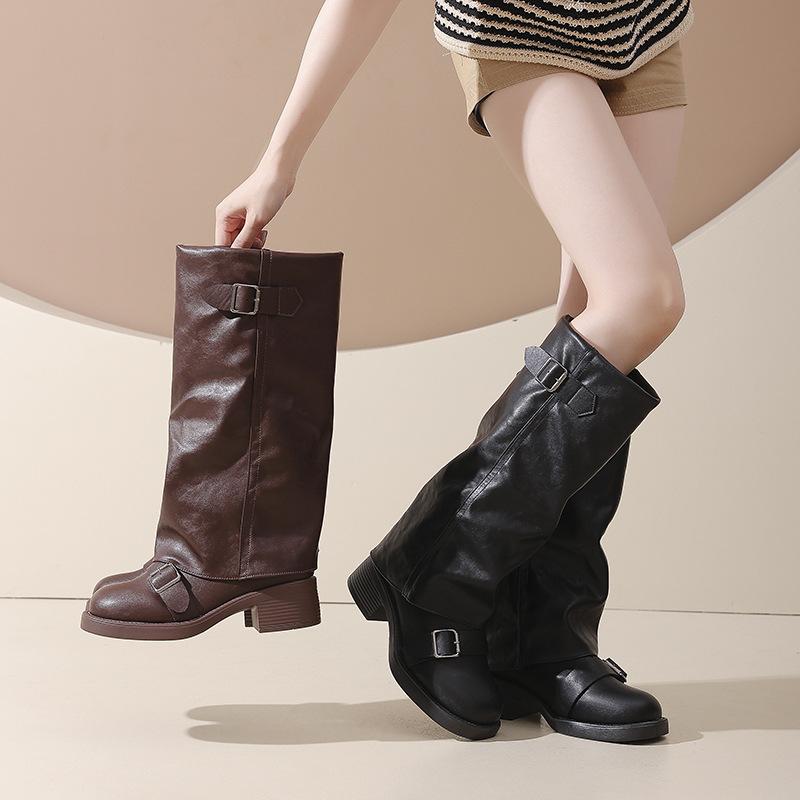 Vintage Western Cowboy Boots Women's 2025 Pleated Pile Boots Round Head Chubby Heel Belt Buckle Medium Pants Tube Knight Boots