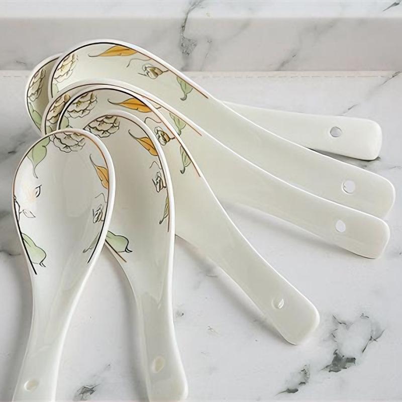 4pcs, bone china decorative rice spoons, gold bordered decor, ceramic japanese kitchen tool accessories, coffee dessert scoop