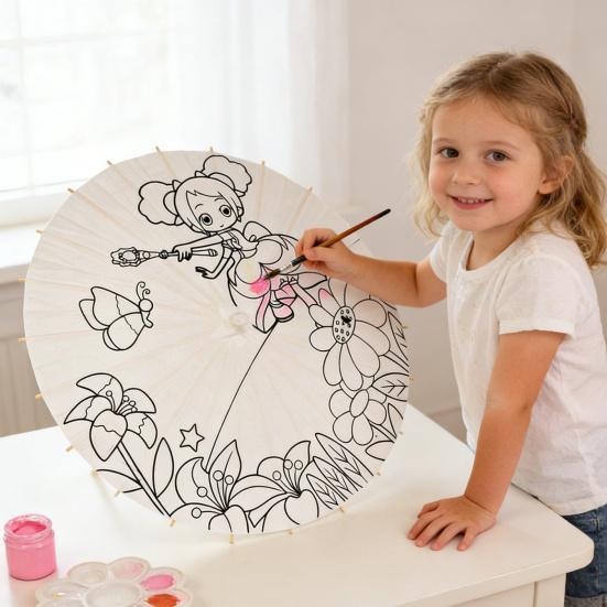 Çocuklar Kendin Yap Boyama Şemsiyesi El Yapımı Çin Japon Beyaz Kağıt Güneş Şemsiyesi Ahşap Saplı Dekoratif Yağlı Kağıt Şemsiye