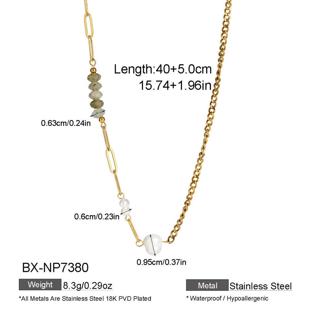 European-American Fashion Natural Stone & Freshwater Pearl Gold-Plated Stainless Steel Necklace