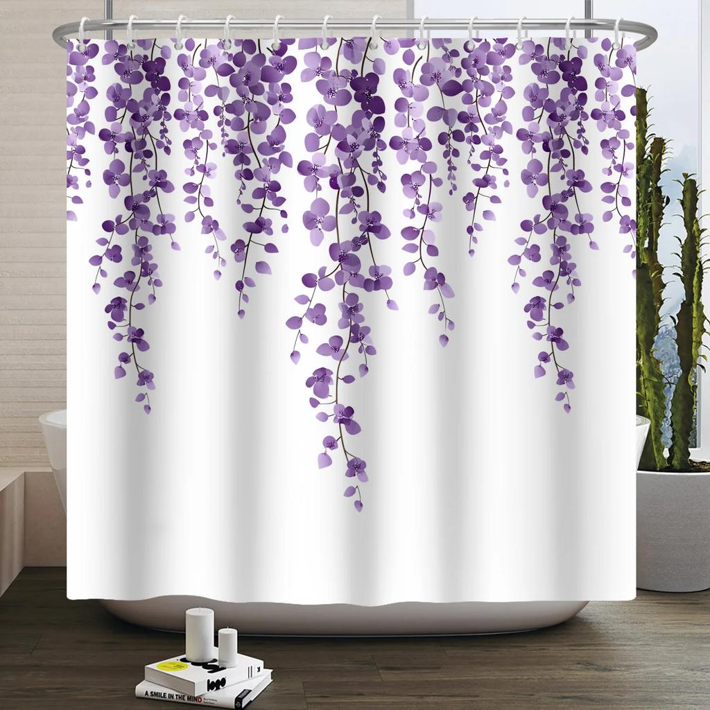 Green Eucalyptus Shower Curtain Watercolor Plant Leaves Bathroom Decoration Waterproof White Fabric Bath Curtain With 12 Hooks
