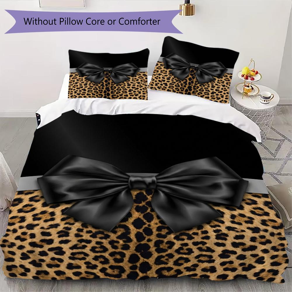 Leopard Print Bow Pattern Bedding uilt Set uilt Cover Pillowcase Home Decoration Birthday Gift (1 * duvet cover + 2 * pillowcase without core)91
