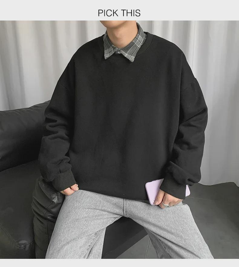 Men's Trendy Hong Kong Style Long-Sleeve Sweatshirt - Versatile, Loose-Fit Solid Color for Couples and Students, New Autumn Top