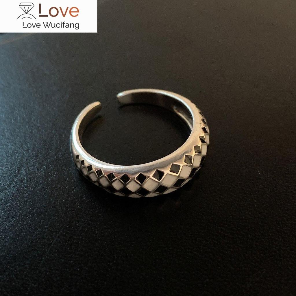 S925 Sterling Silver Checkerboard Ring Female Niche Design Light Luxury Fashion Personality  New High -Level Sense