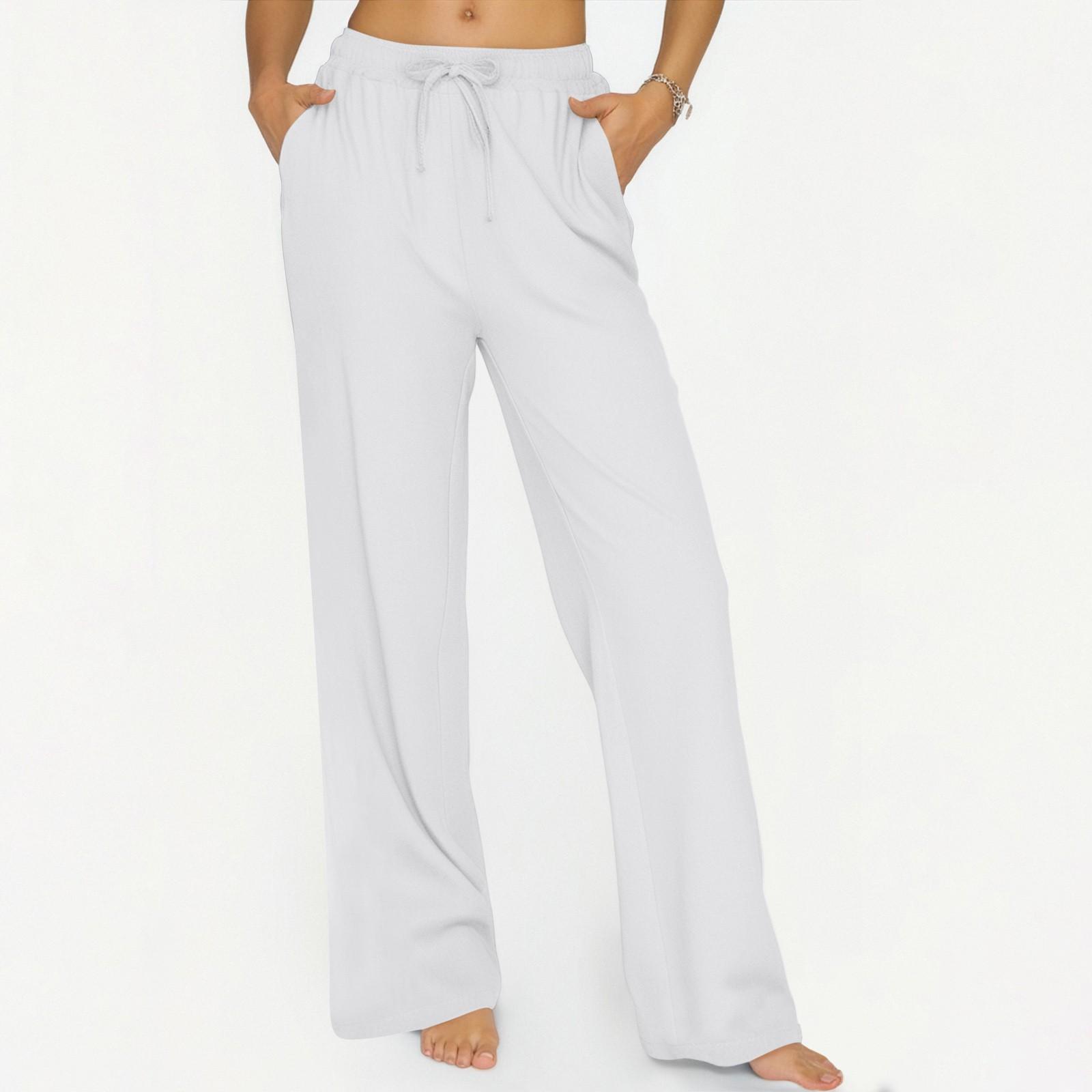 

Женские повседневные однотонные широкие брюки из хлопка и льна с длинными брюками на эластичной талии XL белый