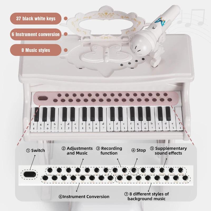 Pian Electronic cu 37 de Clape cu Microfon Scaun Cântec Instrument Muzical Începător Băieți Fete Copii Jucării Cadouri de Crăciun