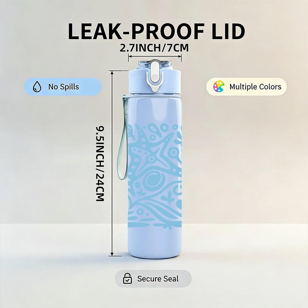 1PC Blue Ethnic Wave Pattern 750ml Color Plastic Sports Water Bottle Leakproof Flip Straw Lid Suitable for Sports Office Home Use