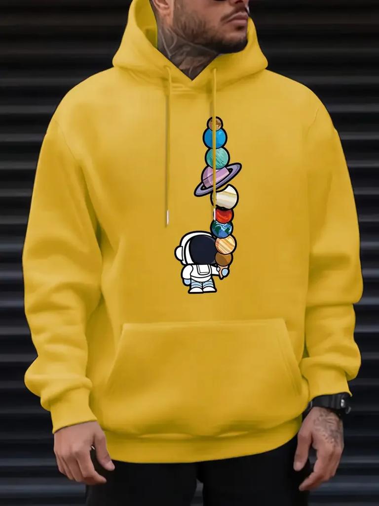 2025 Men's Hooded Sweatshirt Oversized Street Pullover with Astronaut and Planets Geometric Print Autumn and Winter Casual Wear