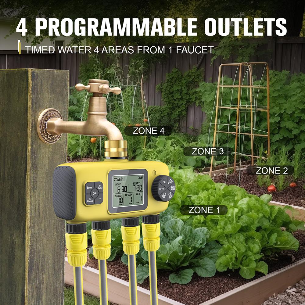 Digital Water Timer 4-Outlet Garden Irrigation Timer Rainwater Sensing Irrigation Watering System Precision Timing Controller