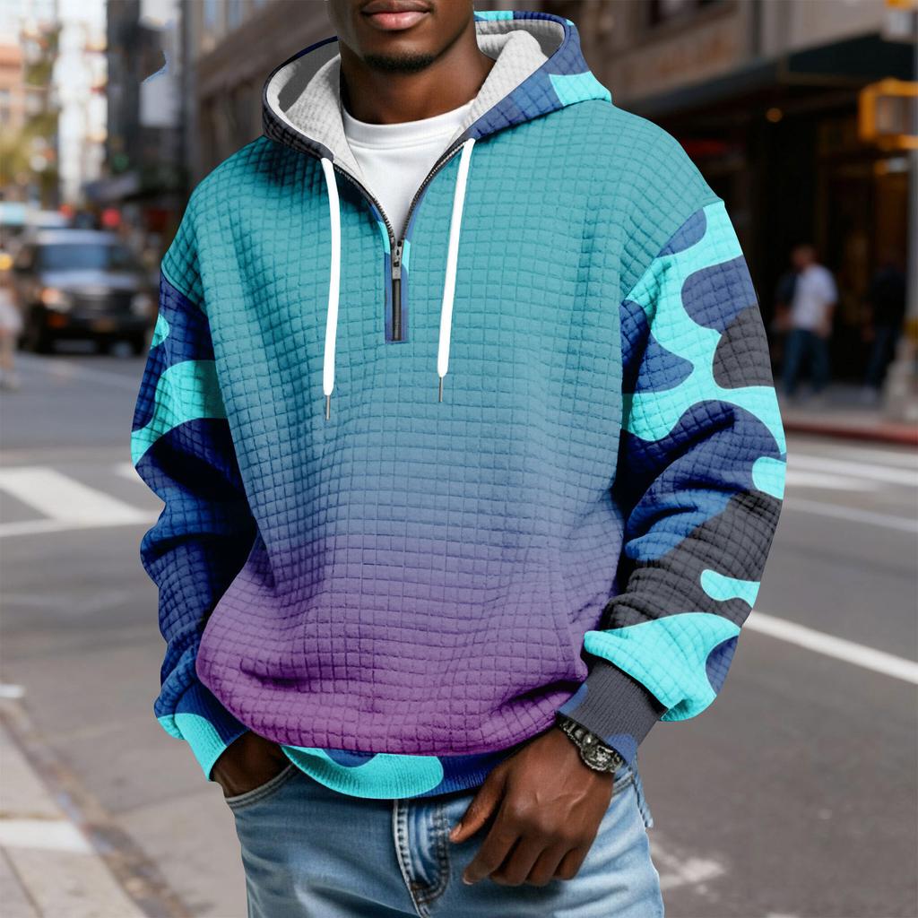 Sudadera Deportiva Casual para Hombre con Capucha y Media Cremallera a Cuadros con Cordón y Estampado