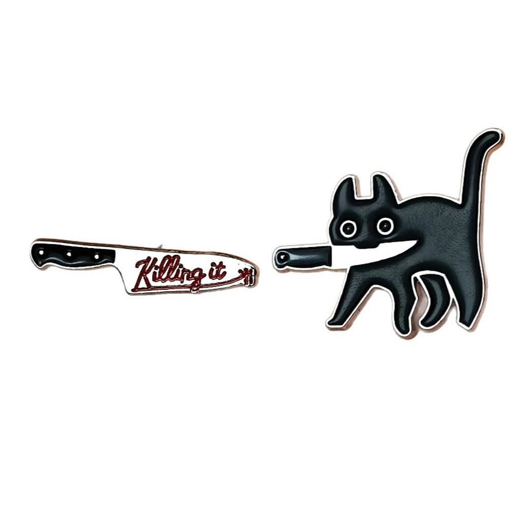 Black Cat Cartoon Knife Brooch with English Letter Design - Creative Fashion Bag Accessory Badge