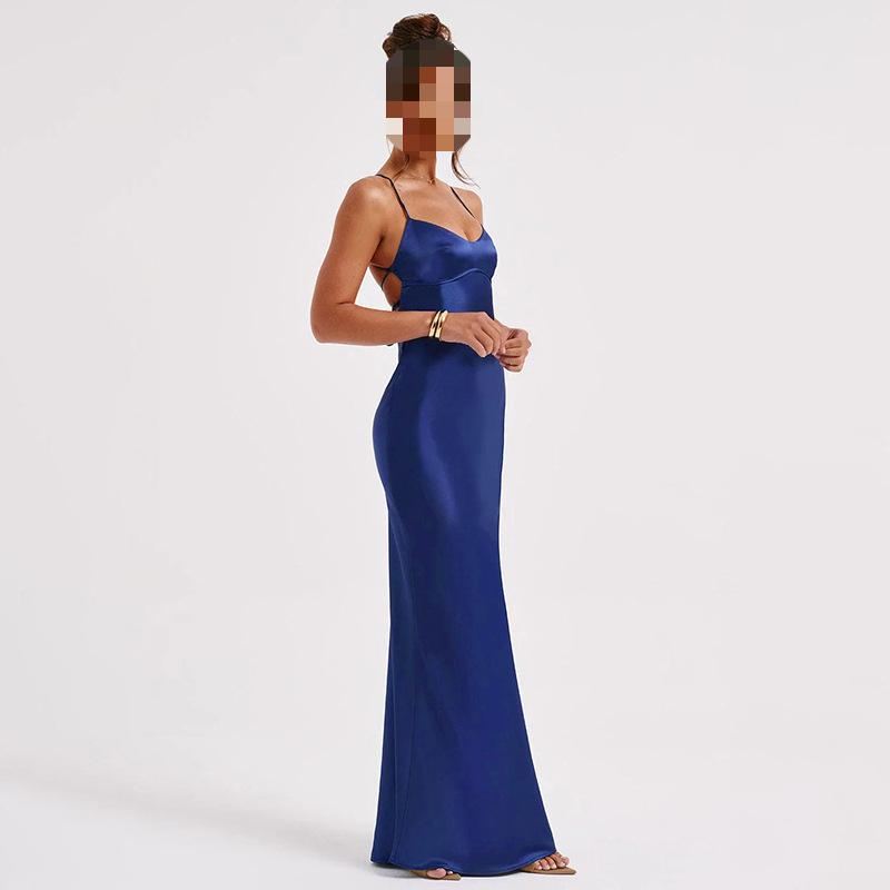 European and American Summer Temperament Sexy Suspender High Elasticity Satin Backless Strap Slim Long Dress