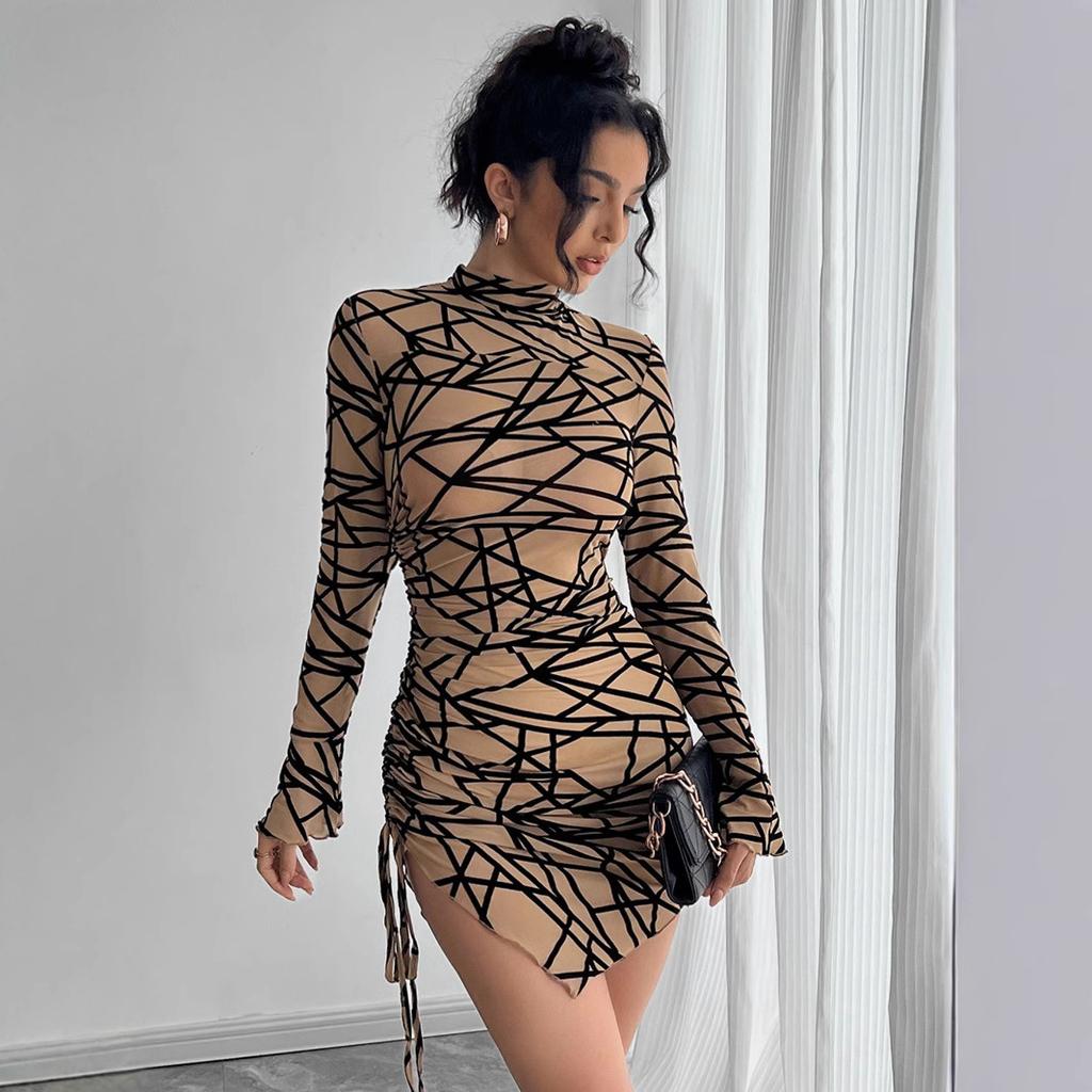 Autumn Winter Women Slim Fit Side Drawstring Small Stand Collar Long Sleeve Irregular Mini Dress Mature Style Retro Sexy Elegant Women Dress
