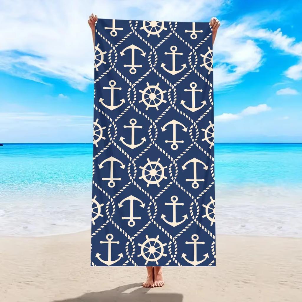 1pc Ocean Element Printed Beach Towel, Starfish Boat Anchor Design for Travel Swimming Pool Yoga Gym Exercise Towel Gift