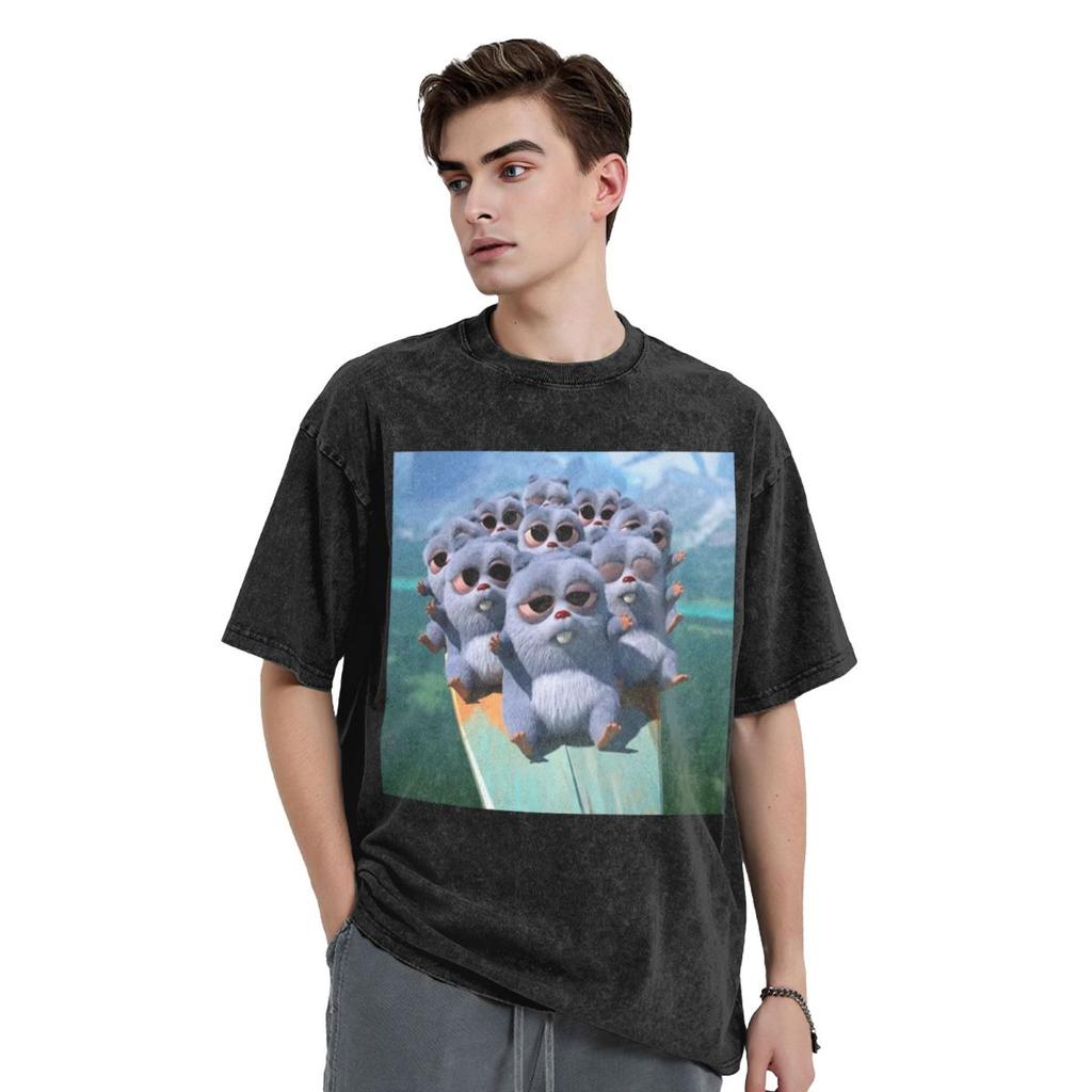 Animation Grizzy And The Lemmings Cartoon Anime Washed T Shirts Casual Short Sleeve Hip Hop T-Shirt Streetwear Tops Tees