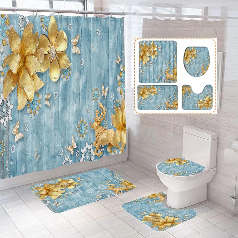 

Diamond Flower Butterfly Waterproof Polyester Shower Curtain Set Anti-Slip Bath Mats Rugs Toilet Carpet Home Bathroom Decoration W60H190(CM)-1 Pcs