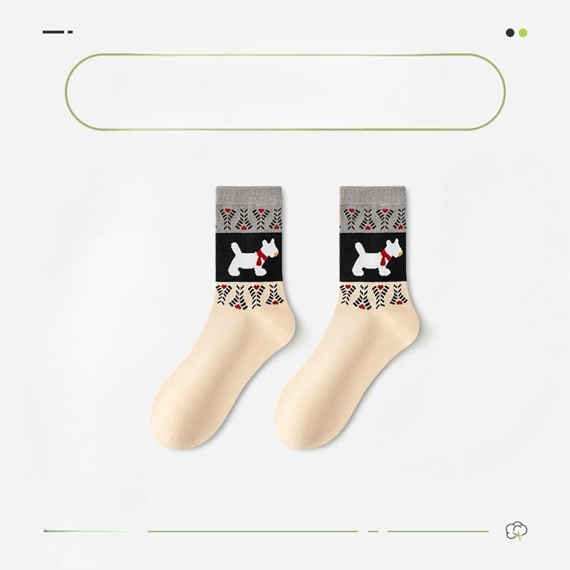 Female Spring and Autumn New Pure Cotton Cartoon Dog Boneless Tube Socks