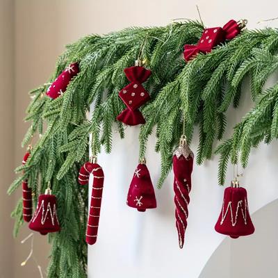 2pcs Velvet Christmas Candy Cane Bell Icicle Ornaments Burgundy Red Xmas Tree Hanging Pendants Christmas Party Home Decoration