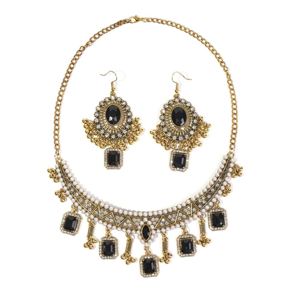Retro Indian-Style Rhinestone Necklace & Earring Set with Tassel Clavicle Chain