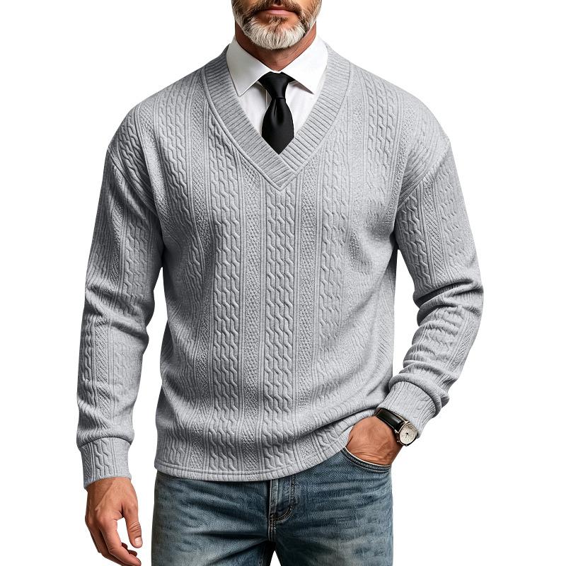Maglione da Uomo Autunno Inverno a Treccia Monocolore Scollo a V Manica Lunga Casual Business Maglione Lavorato a Maglia