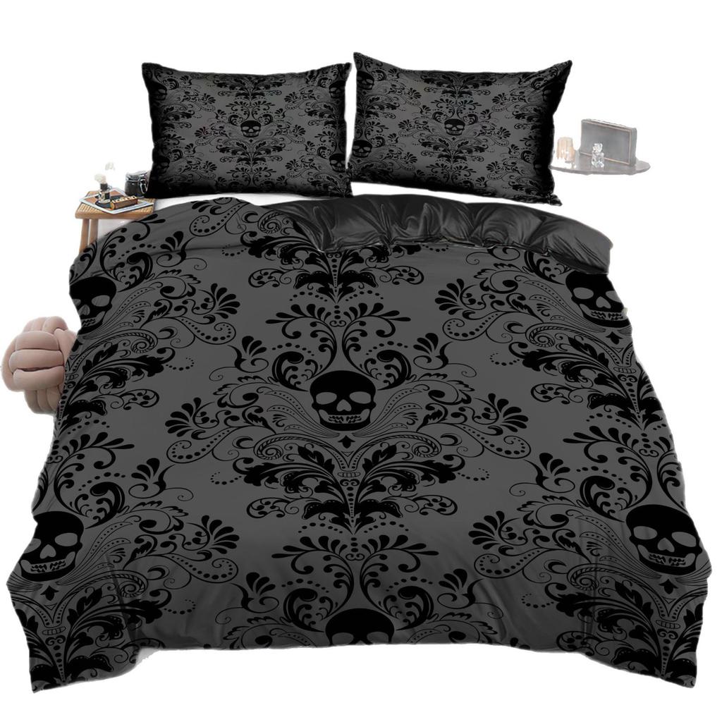 Halloween Thriller Atmosphäre Schwarzer Schädel Digitaldruck 3D Bettbezug, Bettwäsche Heimtextilien Dreiteiliges Set