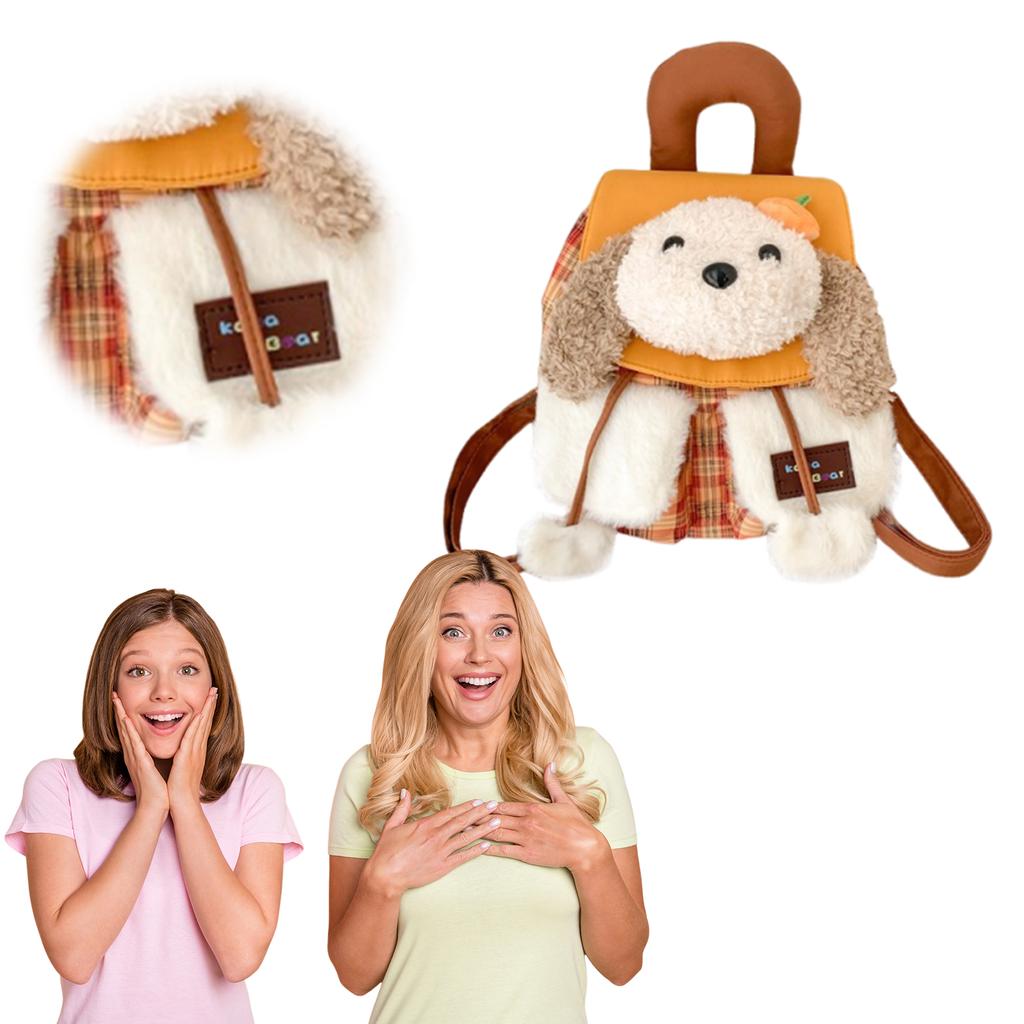 Plush Puppy Flap Backpack Drawstring Casual Grid Pattern Backpacks Cartoon Plaid Shoulder Bag Outdoor Travel Date Backpacks