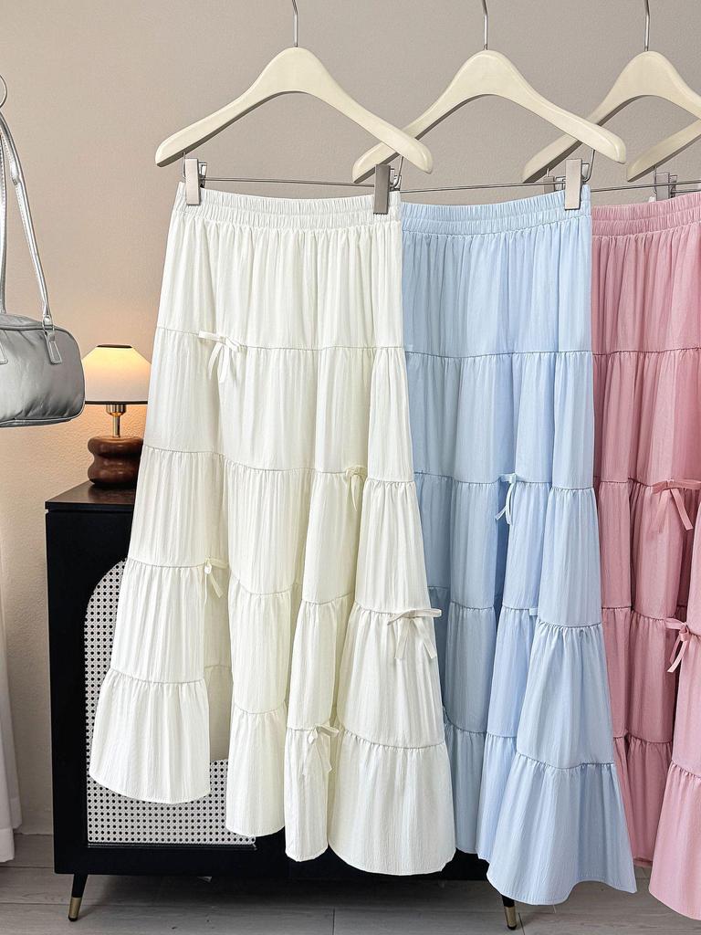 Drapey A-line Bow High Waist Cake Skirt - Women's Mid-length Slimming Skirt for Spring/Summer 2026