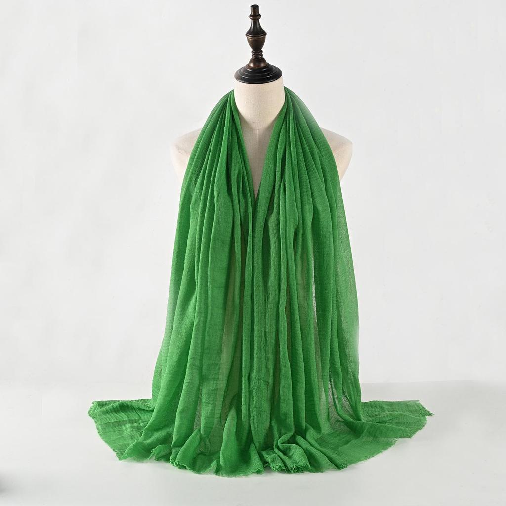 Crinkled Cotton-Linen Blend Scarf with Fringe - Solid Color, 90x180cm, Women's Headscarf
