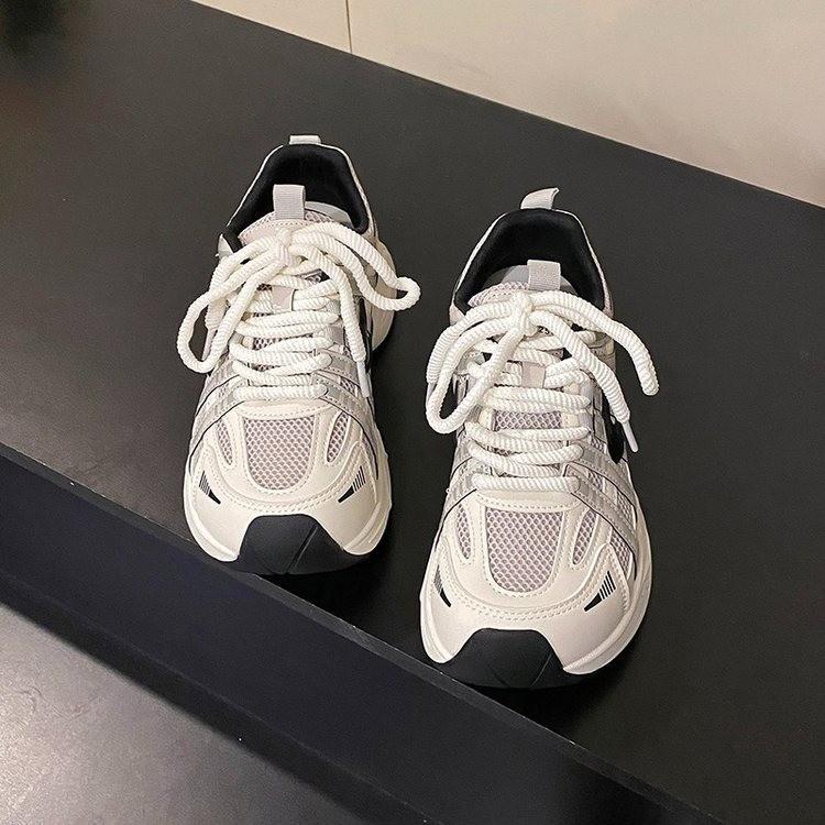 Retro Niche Leather Platform Dad Shoes for Women 2025 Autumn New Mesh Breathable Sneakers Lightweight Jogging Shoes