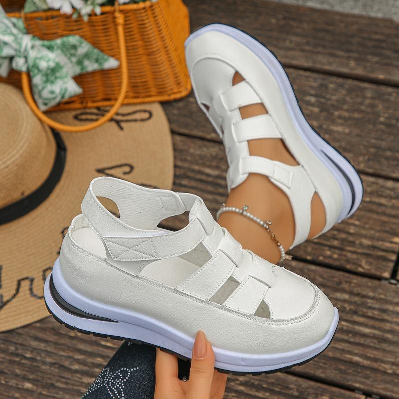 Plus‑Size Closed‑Toe Hollow‑Out Hook‑and‑Loop Thick Wedge Women Sandals